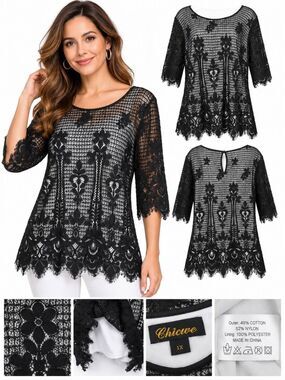 Chicwe Black Floral Lace Overlay Top 1X